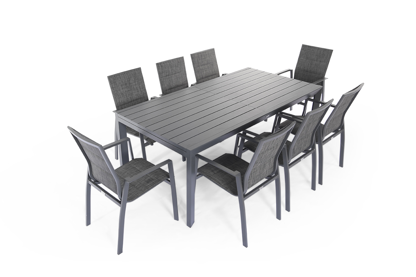 שולחן אלומיניום  לגינה ושמונה כיסאות מרופדים בריפוד כפול