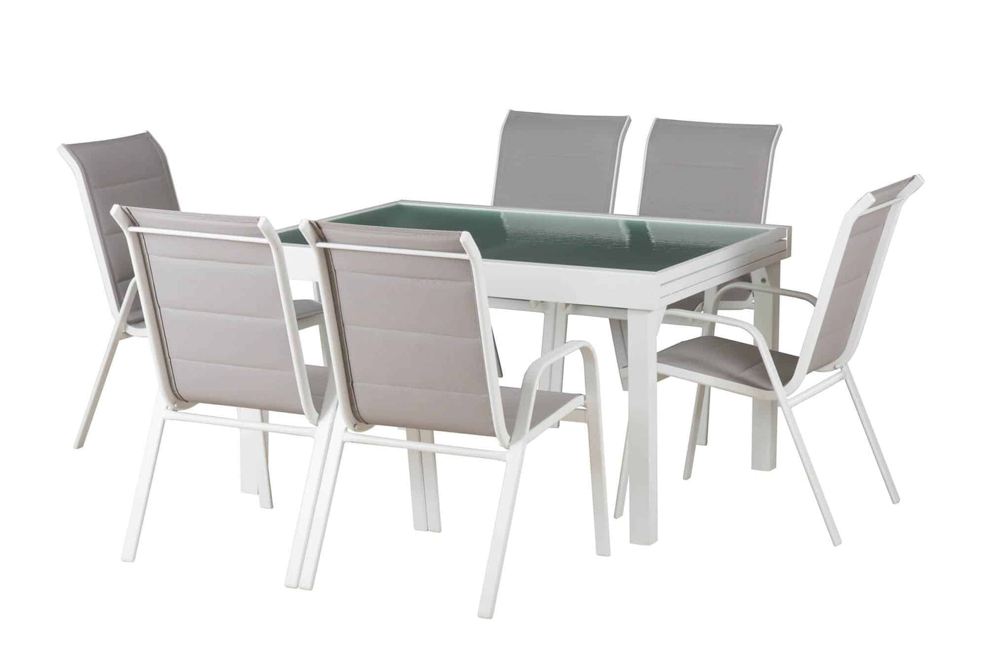 שולחן אוכל אלומיניום לבן בשילוב זכוכית עם שישה כיסאות