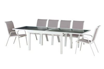ROMA 135 WHITE | שולחן אלומיניום-זכוכית ושישה כיסאות אוכל לחצר